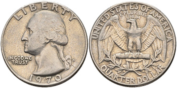 США 25 центов (квотер) 1970 D, Вашингтон КМ 164а медь плакированная медно-никелем 4584-952