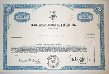 США 100 акций 1969 Black Angus Franchise System, Inc. бумага 8805-42-1