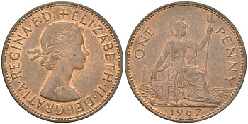 Великобритания 1 пенни 1967 Елизавета II (1952-2022) KM 897, Spink 4157 бронза    82-1136
