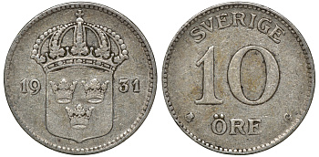 Швеция 10 эре 1931 G, Густав V (1907-1950) KM 780 серебро 4179-616