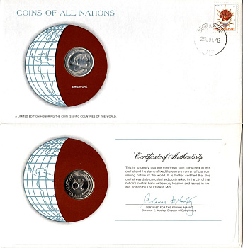 Сингапур 20 центов 1977 конверт с маркой первого дня гашения, Coins of Nations KM 4 медно-никель UNC 4294-32-2