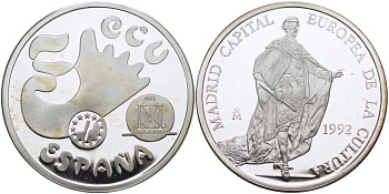 Испания 5 экю 1992 Мадрид, культурная столица Европы, Хуан Карлос I, в оригинальной деревянной коробке, с сертификатом  серебро  PROOF  4-3-1-13