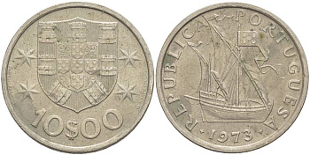 Португалия 10 эскудо 1973 парусник KM 600 никель плакированный медно-никелем 00-00