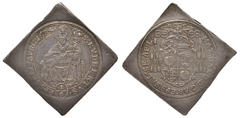 Австрия, Зальцбург 1/6 талера 1674 клиппа, Святой Руперт, Максимилиан Гандольф фон Кюнбург (1668-1687) KM 215, Probszt 1676. Zoottl 2020 серебро 00-00