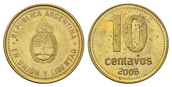 Аргентина 10 сентаво 2008 KM 107a сталь плакированная латунью UNC 4124-634