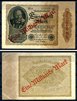 Германия 1000000000 марок 1923 красная диагональная, двухсторонняя надпечатка на 1000 марок 1922, бумага белая, водяной знак 1001 Pick 113 a (2) бумага 8589-48-1-2