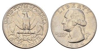 США 25 центов (квотер) 1984 P, Джордж Вашингтон KM А164а медь плакированная медно-никелем 4681-147