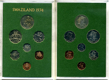 Свазиленд набор из 7 монет 1974 в оригинальной пластиковой упаковке, тираж 20000 KM PS 2 (KM 7-13) PROOF 4-4-1-1