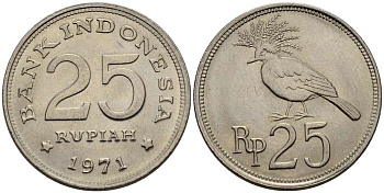 Индонезия 25 рупий 1971 венценосный голубь KM 34 медно-никель 4511-953