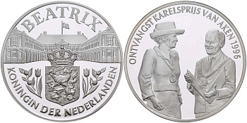 Нидерланды медаль ND королева Беатрикс, прием Карелспрейс В Аахене 1996 год, диаметр 38,5 мм., вес 22,12 гр.  серебро  PROOF  1078-6-64