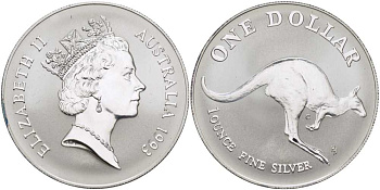 Австралия 1 доллар 1993 кенгуру прыгает вправо KM 211.1 серебро  UNC  00-00