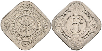 Нидерланды 5 центов 1939 Вильгельмина (1890-1948) KM 153 медно-никель 4575-847
