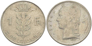 Бельгия 1 франк 1974 Belgique, Бодуэн I (1951-1993) KM 142.1 медно-никель 119-525