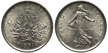 Франция 5 франков 1971 сеятель KM 926a.1, Le Franc 341.3 медно-никель плакированный никелем 3855-911