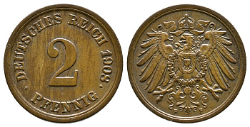 Германия 2 пфеннига 1908 F KM 16, J. 11 бронза 4364-2721