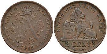 Бельгия 2 сантима 1919 Belgen KM 65 медь    4187-417