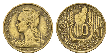 Мадагаскар 10 франков 1953 год-тип KM 6 алюминиевая бронза 08-947