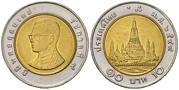 Таиланд 10 бат 2006 ВЕ 2549, Рама IX (1946-2016) Y 227 биметалл UNC 4612-1125