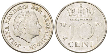 Нидерланды 10 центов 1970 Юлиана (1948-1980) KM 182 никель 214-1247
