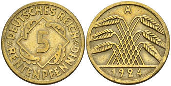 Германия 5 рентенпфеннигов 1924 A KM 32, J. 308 алюминиевая бронза 4151-648