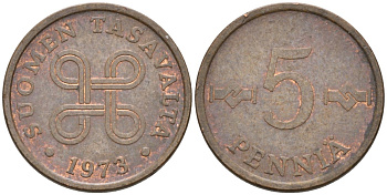 ФИНЛЯНДИЯ 5 ПЕННИ 1973 KM 45 медь 4549-1016