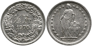 Швейцария 1/2 франка 1970 KM 23а.1 медно-никель 4532-429