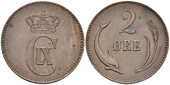 Дания 2 эре 1875 VBP, Кристиан IX (1863-1906) KM 793.1 бронза 190-947