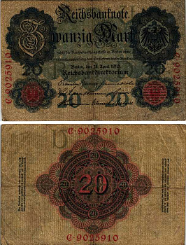 ГЕРМАНИЯ 20 МАРОК 1910 21 АПРЕЛЯ 1910, СЕМЬ ЦИФР В НОМЕРЕ Pick 40b бумага 7547-83-3-2