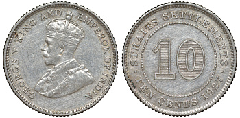 Стрейтс-Сетлментс 10 центов 1927 Георг V (1910-1936) КМ 29b серебро 53-723