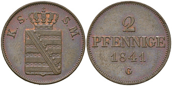Саксония 2 пфеннига 1841 G, Фридрих Август III (1836-1854) KM 1156, Jaeger 80 a, AKS 110 медь aUNC 4584-951