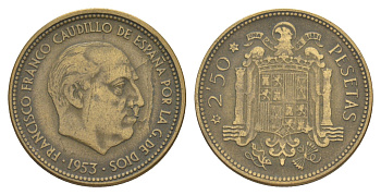 Испания 2 1/2 песеты 1953 (56) Франсиско Франко (1939-1975) KM 785 алюминиевая бронза 4586-747