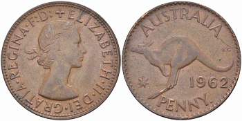 Австралия 1 пенни 1962 p, Елизавета II (1952-2022), кенгуру KM 56 бронза 109-524