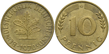 ФРГ 10 пфеннигов 1970 G KM 108 сталь плакированная латунью 4171-423