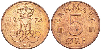 ДАНИЯ 5 ЭРЕ 1974 S; B, МАРГРЕТЕ II (1972-) KM 859,1 железо плакированное медью 201-1162