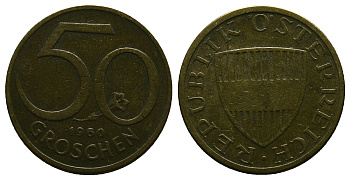 Австрия 50 грошей 1960 KM 2885 алюминиевая бронза 4384-1134