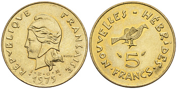 Французские Новые Гебриды 5 франков 1975  KM 6.2 никель-латунь  UNC  4610-542