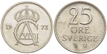 Швеция 25 эре 1973 U, Густав VI Адольф (1950-1973) KM 836 медно-никель 112-1153