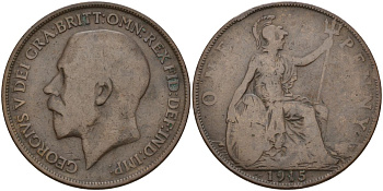 Великобритания 1 пенни 1915 Георг V (1910-1936) KM 810, Spink 4051 бронза 4149-715