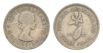 Родезия и Ньясаленд 3 пенса 1957 Елизавета II (1952-2022), цветок глориоза KM  3 медно-никель  4640-922