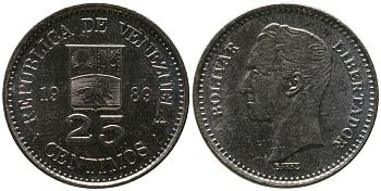 Венесуэла 25 сентимо 1989 KM 50a сталь плакированная никелем 4576-915