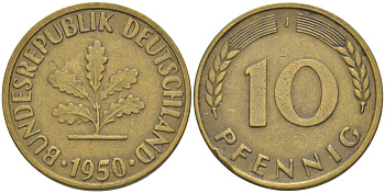 ФРГ 10 ПФЕННИГОВ 1950 J KM 108, J. 383 сталь плакированная латунью 219-424