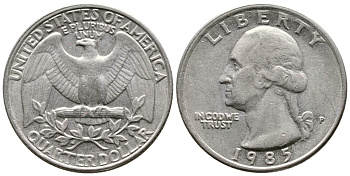 США 25 ЦЕНТОВ = КВОТЕР 1985 P, ВАШИНГТОН KM А164а медь плакированная медно-никелем 23-131