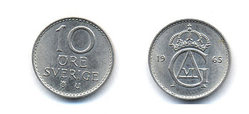 ШВЕЦИЯ 10 ЭРЕ 1965 U, ГУСТАВ VI (1950-1973) KM 835 медно-никель UNC 51-5219