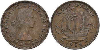 Великобритания 1/2 пенни 1956 Елизавета II (1952-2022) KM 896, Spink 4158 бронза 4146-253