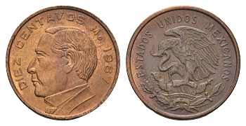 Мексика 10 сентаво 1967 KM 433 бронза UNC 216-1255