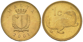 Мальта 1 цент 2001 ласка, горностай KM 93 никель латунь UNC 192-1225