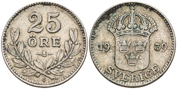 Швеция 25 эре 1939 G, Густав V (1907-1950) KM 785 серебро 4147-946
