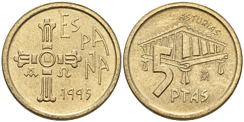Испания 5 песет 1995 Хуан Карлос I (1975-2014), Астурия (ASTURIAS), крест KM 946 алюминиевая бронза 4602-1111