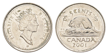 Канада 5 центов 2001 Елизавета II (1952-2022), бобр KM 182b сталь плакированная никелем aUNC 4630-752
