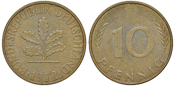 ФРГ 10 пфеннигов 1972 J KM 108, J. 383 сталь плакированная латунью 4132-551